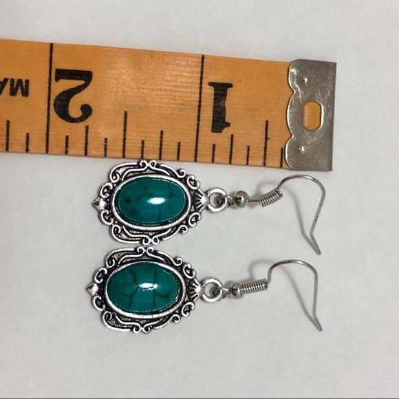 Silver Blue Turquoise Necklace Earrings Set 3 Pcs - Picture 3 of 5